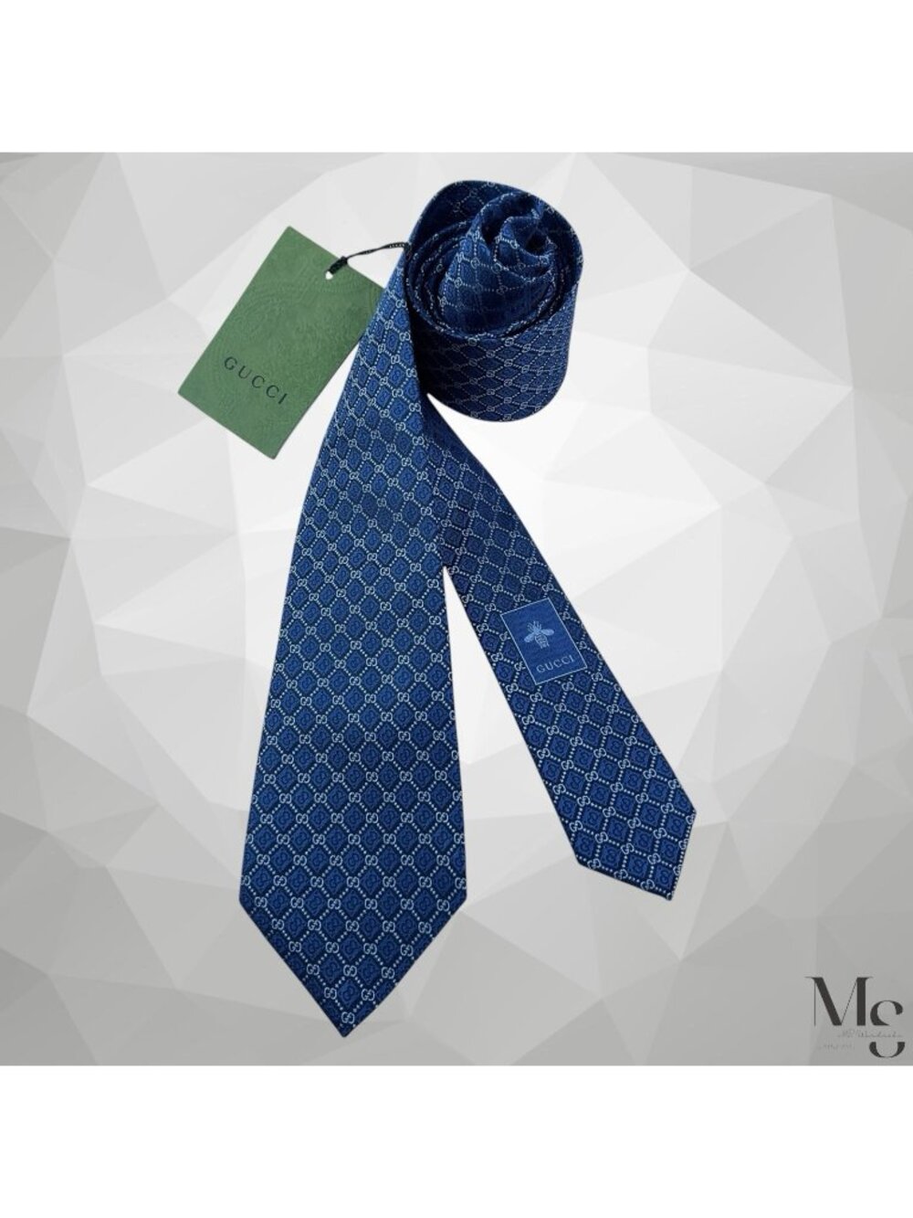 GUCCI Current Bee Tag Blue Monogrammed GG Silk Tie Made In Italy 58”-2.75" NWT
